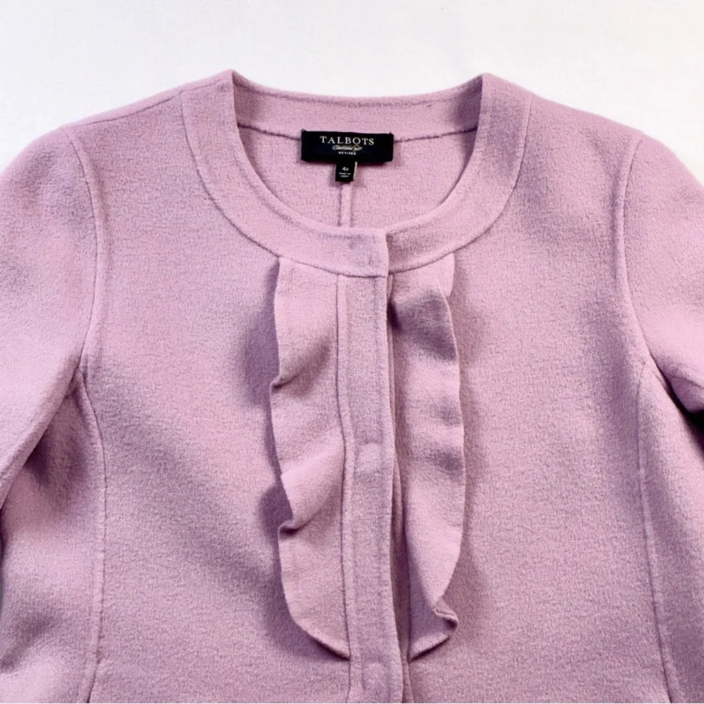 Talbots Petites Wool Blend Jacket Blazer Lavender Ruffle Front 4P 3/4 Sleeve